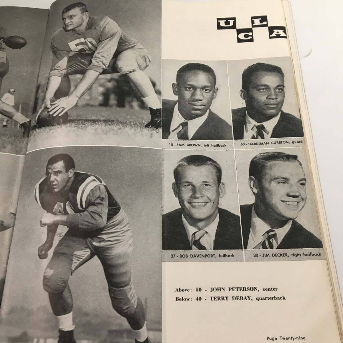 November 20, 1954 NCAA Football USC vs UCLA Official Program featuring UCLA player portraits including Sam Brown and John Peterson.