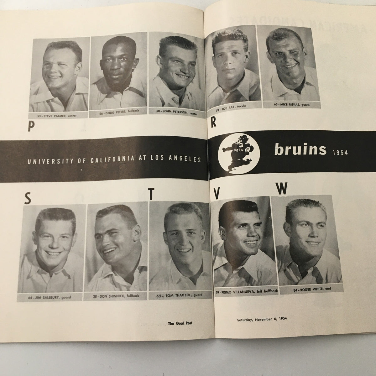 Official program from the November 6, 1954 NCAA Football game featuring Oregon vs UCLA, showcasing team photos of UCLA players.