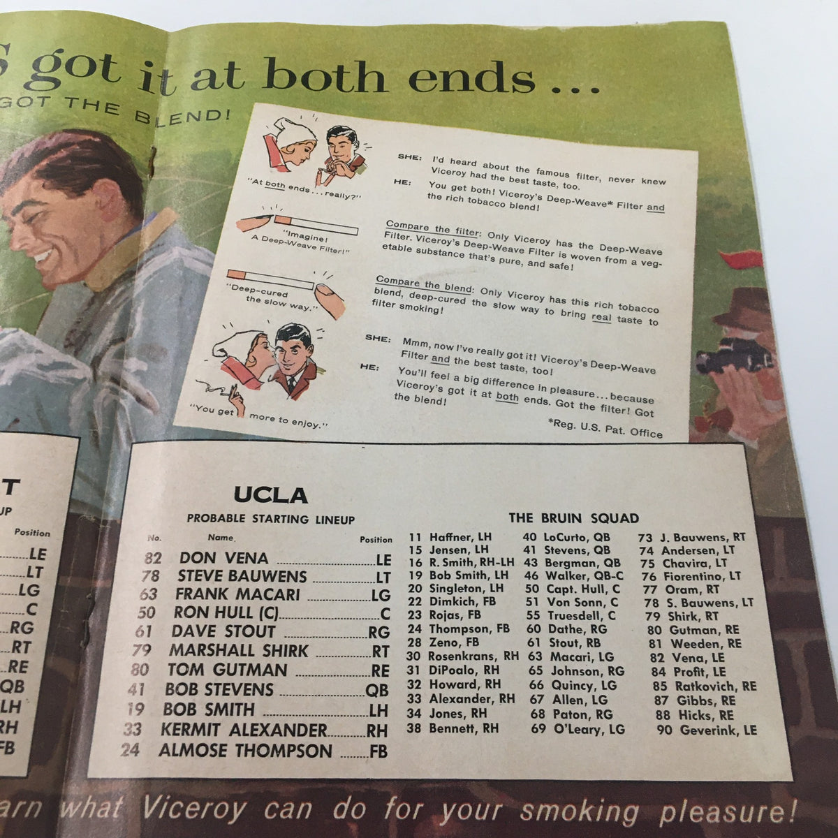 Inside page of the October 14 1961 NCAA Football Official Program featuring a Viceroy cigarette advertisement and the starting lineup for the UCLA team.