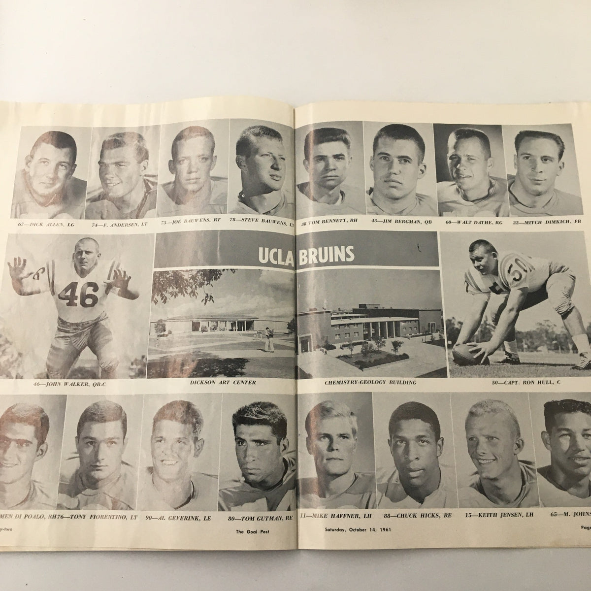 Two-page spread in the October 14 1961 NCAA Football Official Program featuring headshots of the UCLA Bruins players and game details.
