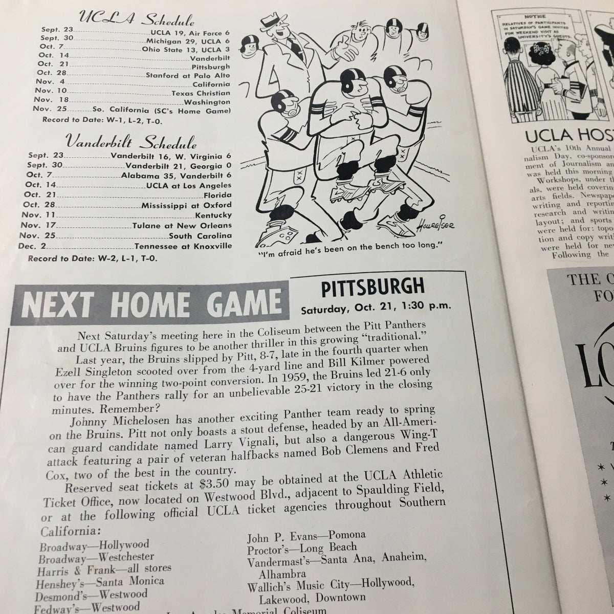 October 14 1961 NCAA Football Vanderbilt vs UCLA The Goal Post Official Program - Page illustrating the UCLA and Vanderbilt game schedule and home game details.