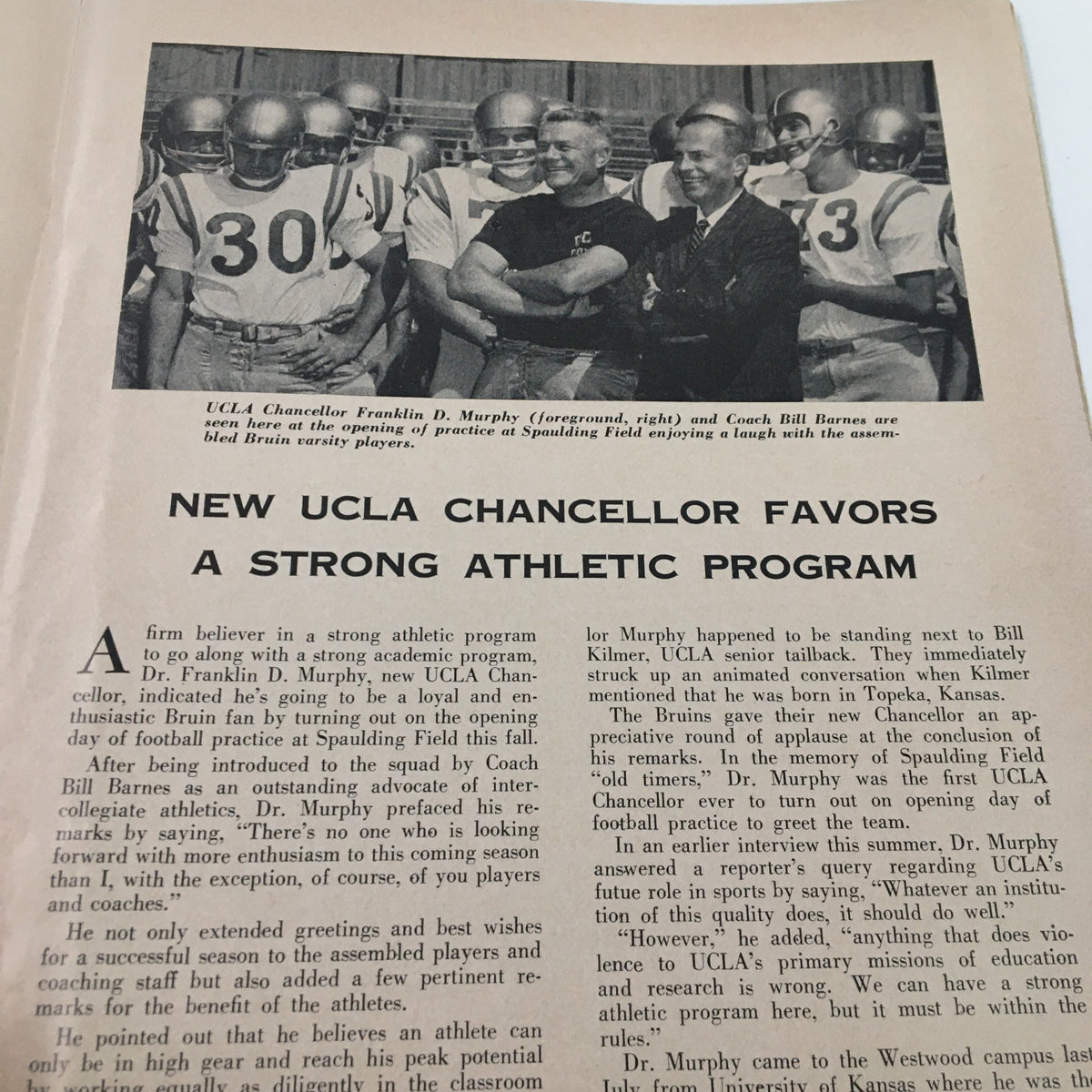 Article page from the September 17 1960 NCAA Football Pittsburgh vs UCLA The Goal Post Program highlighting UCLA Chancellor Franklin D. Murphy and Coach Bill Barnes during a meeting.