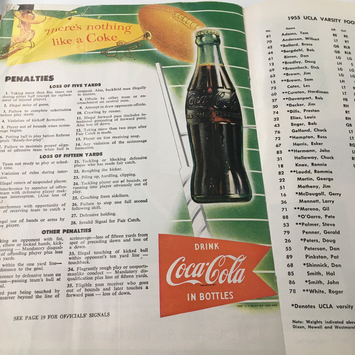 Penalties page from the September 9, 1955 NCAA Football Iowa vs UCLA official program featuring Coca-Cola advertisement.