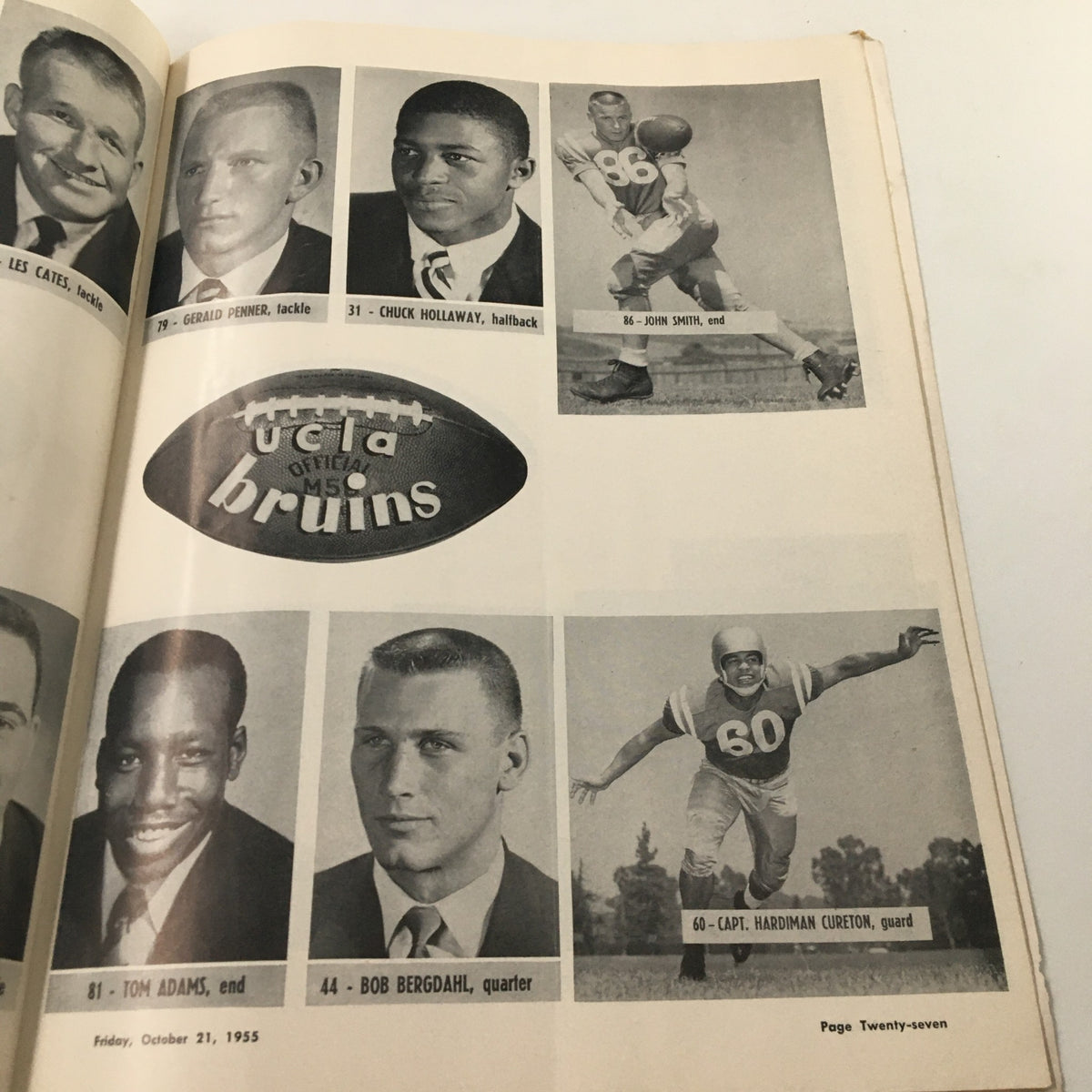 1955 NCAA Football Iowa vs UCLA Official Program featuring player images and statistics, including Chuck Holloway, Tom Adams, and others.