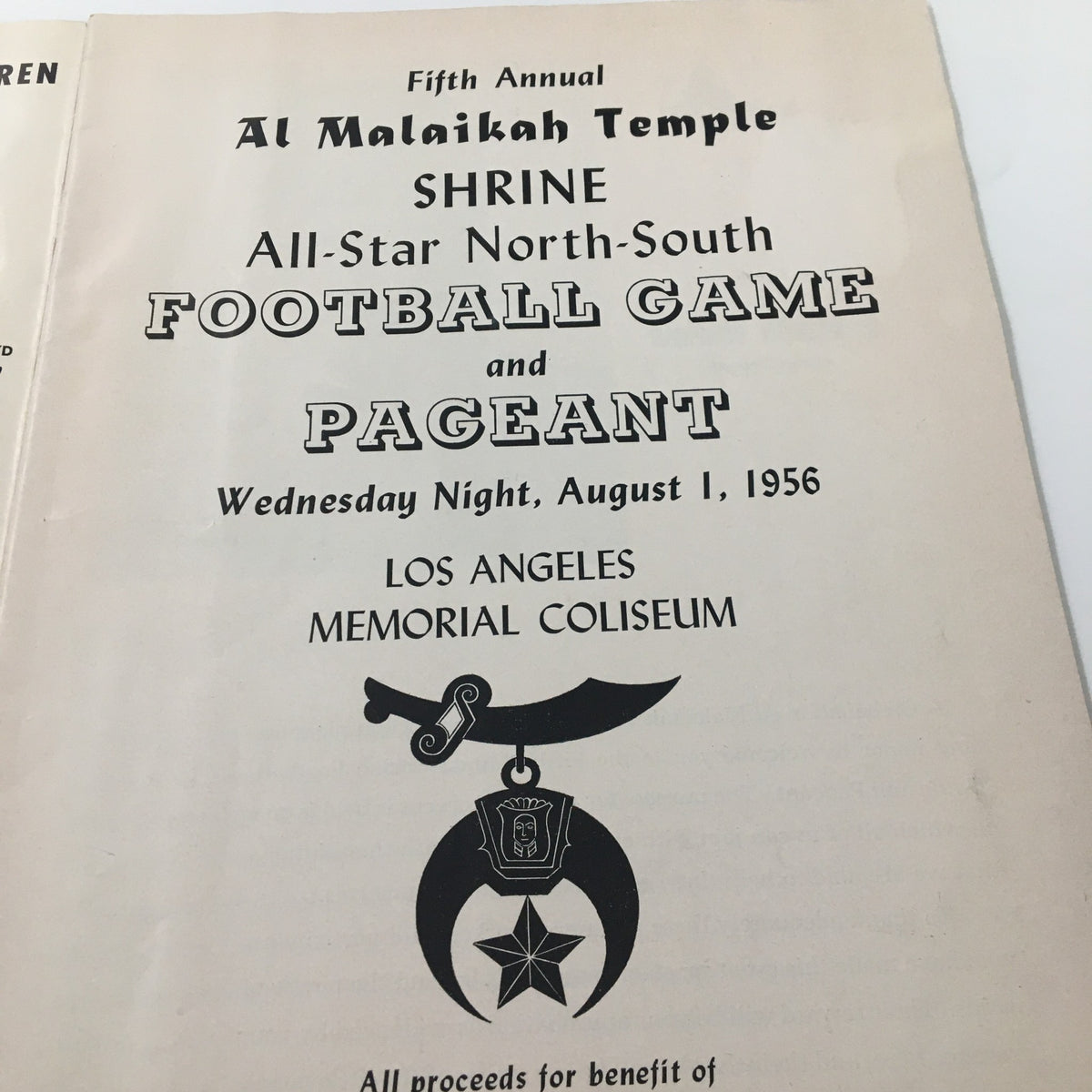 Cover page of the 1956 NCAA 5th Annual Shrine Football Game and Pageant Souvenir Program announcing the event details including the date and location.