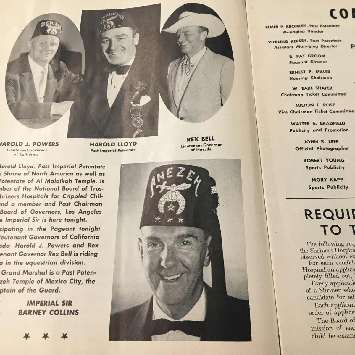 Photograph of prominent figures involved in the 1956 NCAA 5th Annual Shrine Football Game and Pageant, showcasing their formal attire and titles.