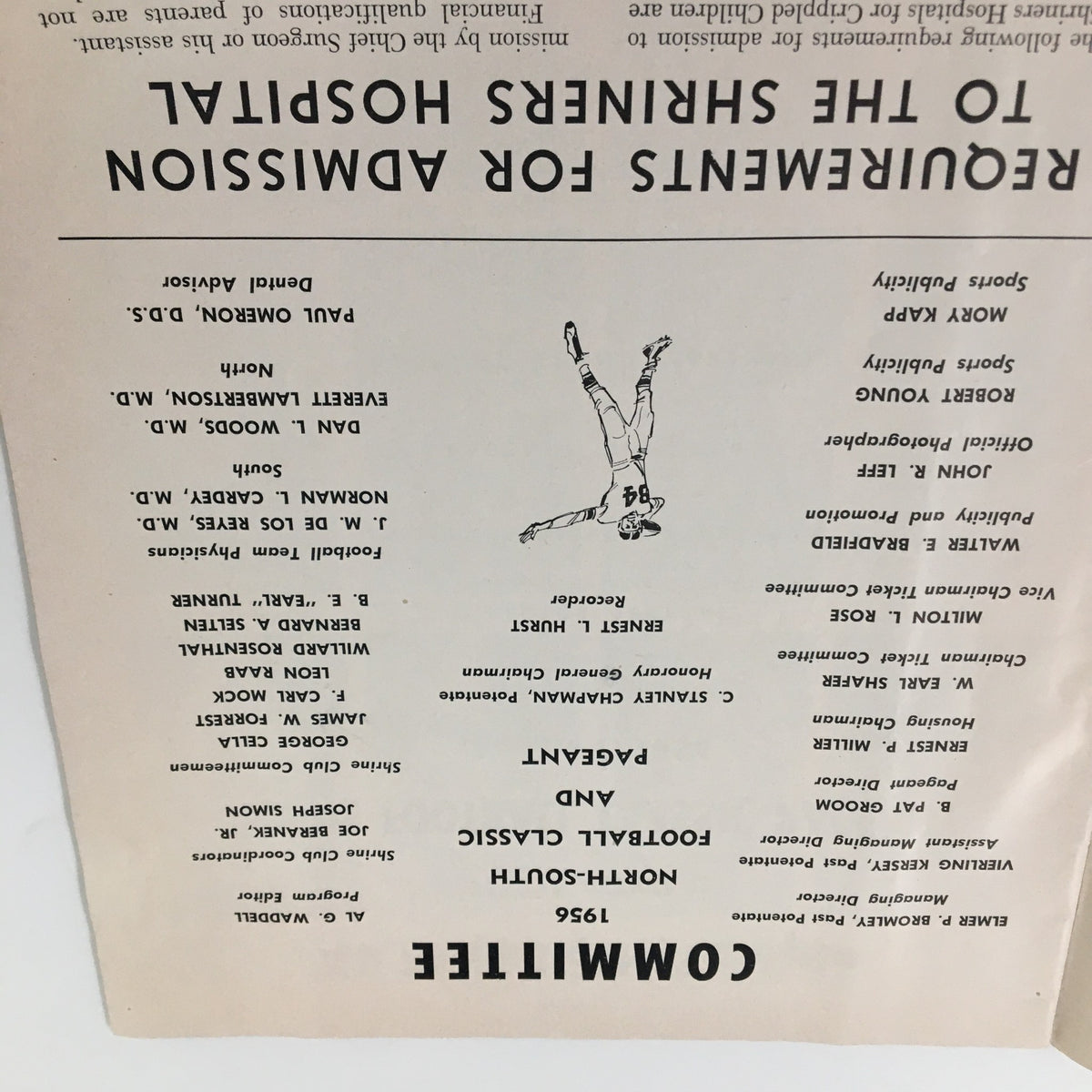 Information page from the 1956 NCAA 5th Annual Shrine Football Game and Pageant Souvenir Program discussing event performances and admission requirements.