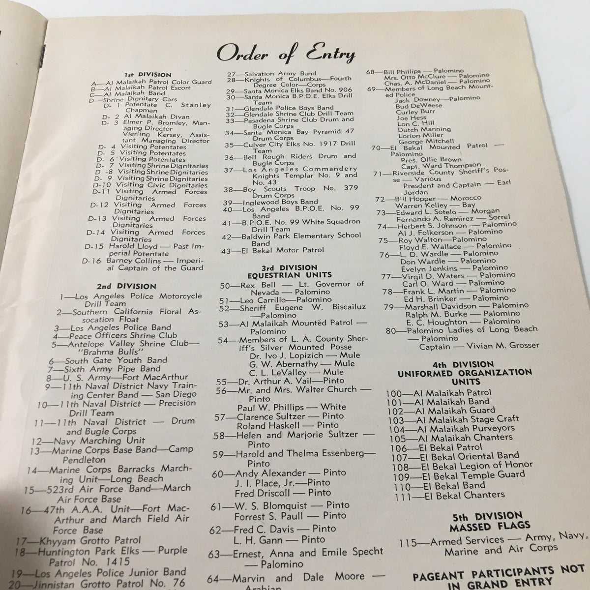 Order of Entry listing from the 1956 NCAA 5th Annual Shrine Football Game and Pageant Souvenir Program, showcasing various participating organizations.