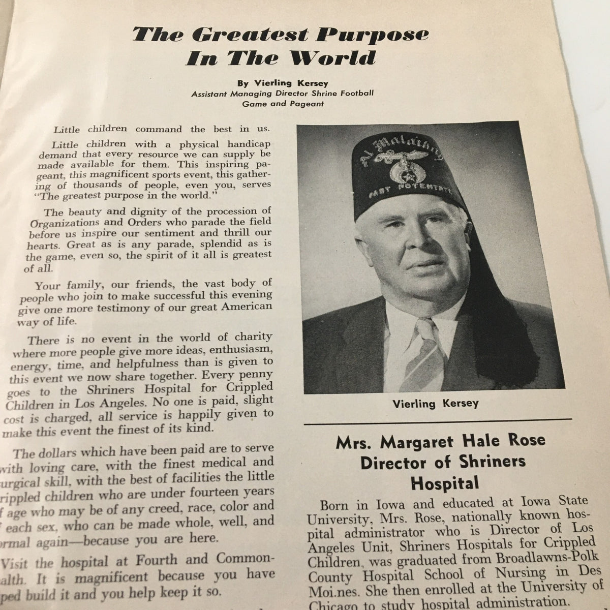 Portrait of Vierring Kersey, Assistant Managing Director of Shrine Football, featured in the 1956 NCAA 5th Annual Shrine Football Game and Pageant Souvenir Program.