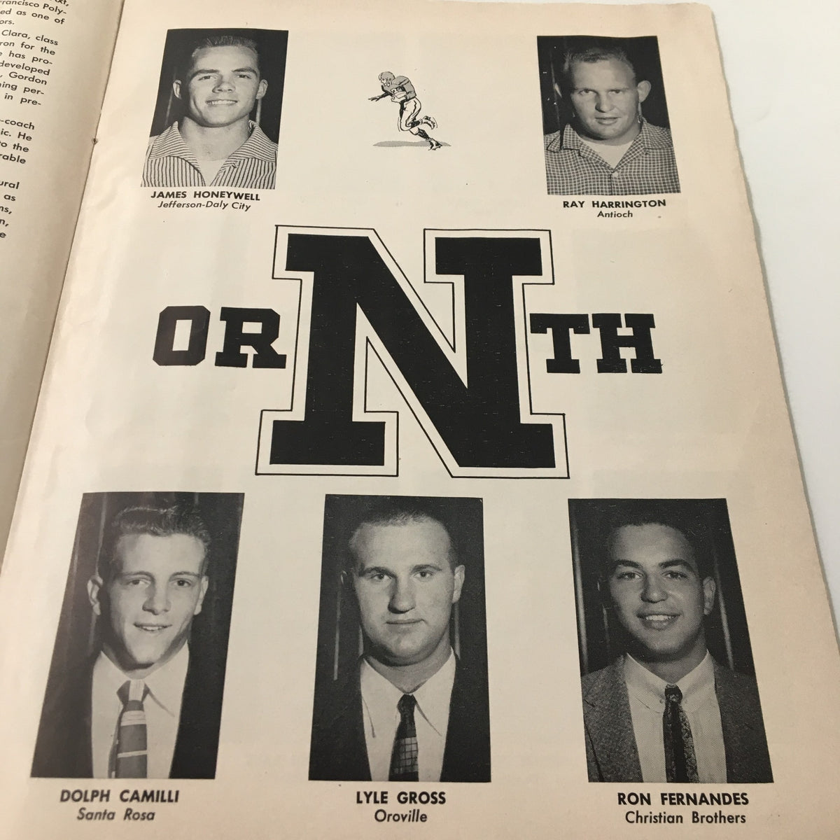 Black and white photographs of student athletes James Nonneville, Ray Harrington, Dolph Camilli, Lyle Gross, and Ron Fernandes from the 1956 NCAA 5th Annual Shrine Football Game and Pageant Souvenir Program.