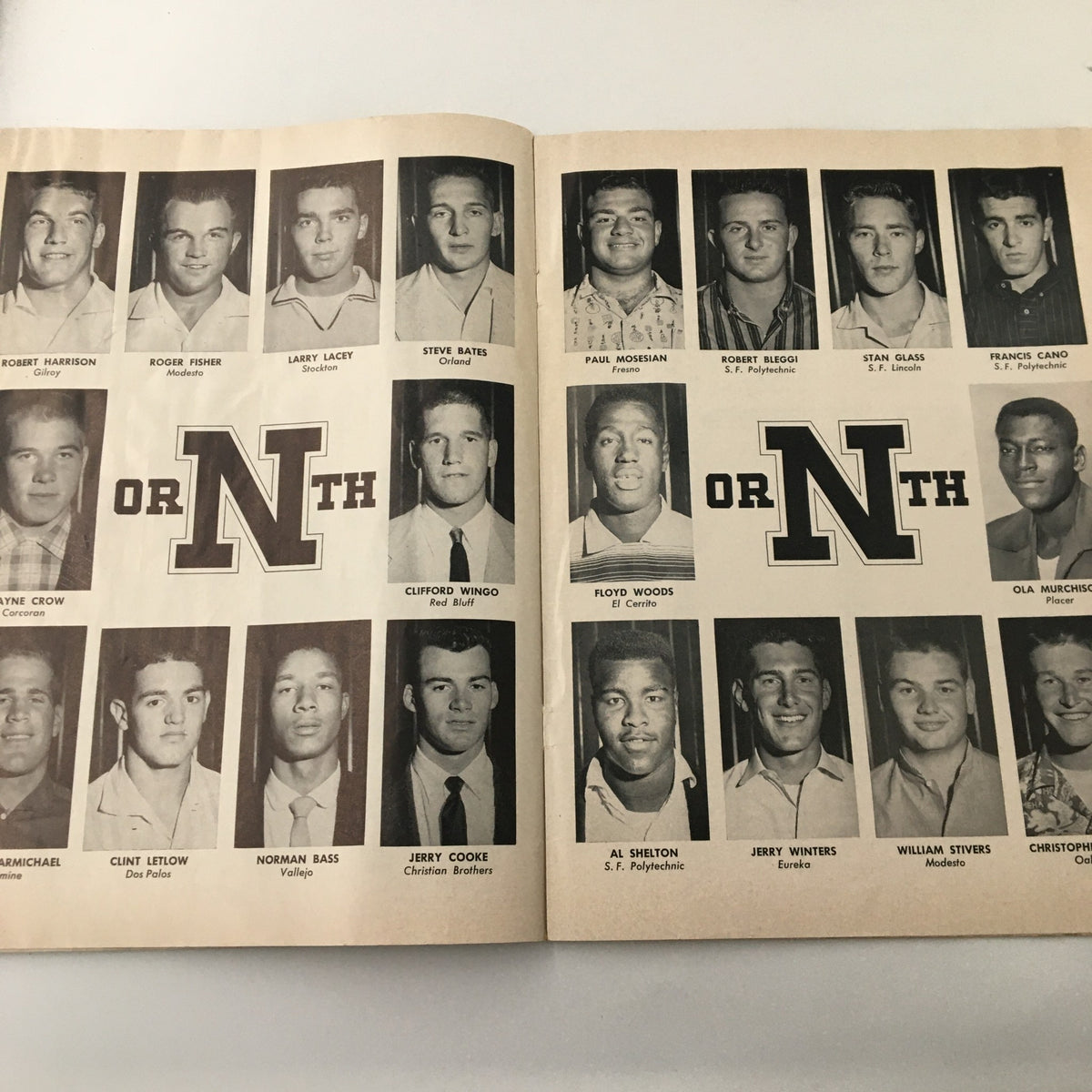 Group of student athletes showcased in the 1956 NCAA 5th Annual Shrine Football Game and Pageant Souvenir Program, featuring players from the North team.