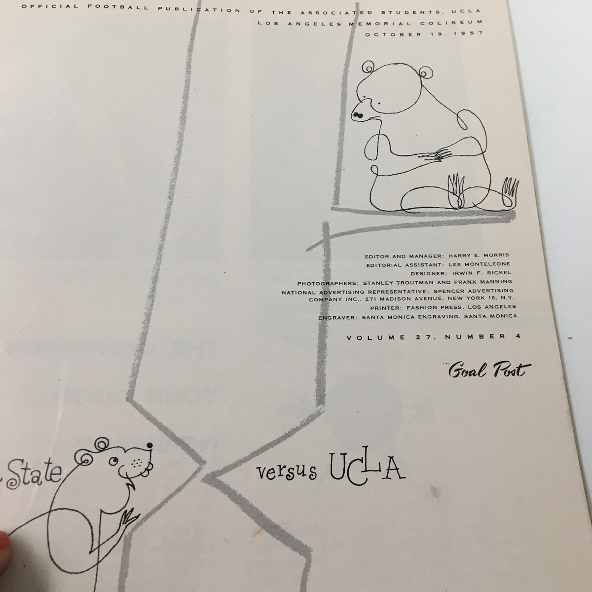 October 19 1957 NCAA Football Oregon State vs UCLA Bruins The Goal Post cover illustration depicting a bear in a playful style, part of the official publication.