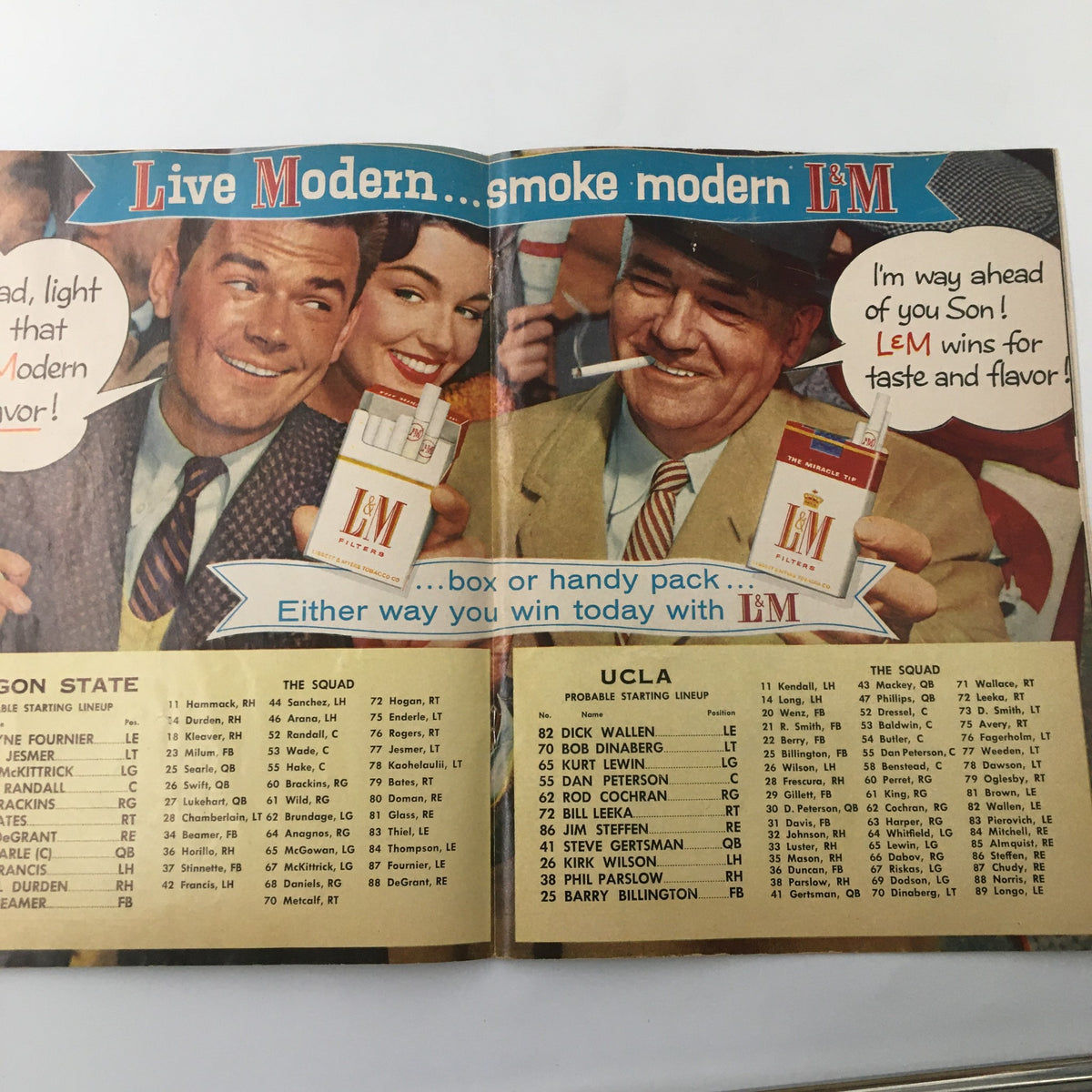 October 19 1957 NCAA Football Oregon State vs UCLA Bruins The Goal Post - Vintage advertisement featuring men promoting LEM cigarettes, showcasing the cultural trends of the era.