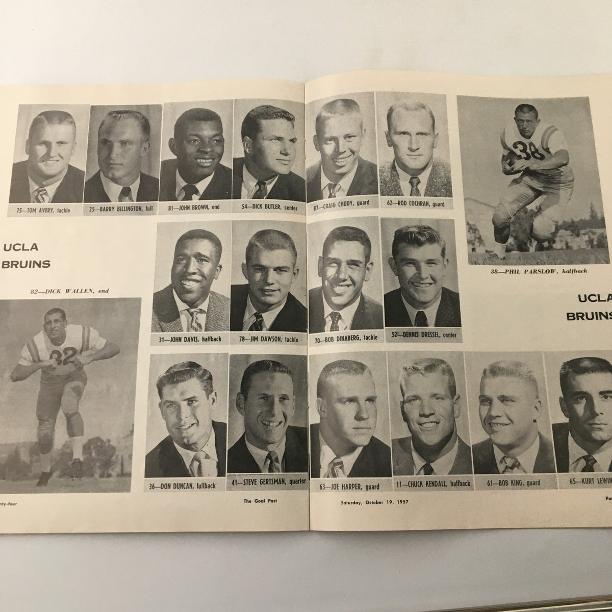 October 19 1957 NCAA Football Oregon State vs UCLA Bruins The Goal Post - Team roster for the UCLA Bruins, featuring players and their positions, capturing a moment from the game's lineup.