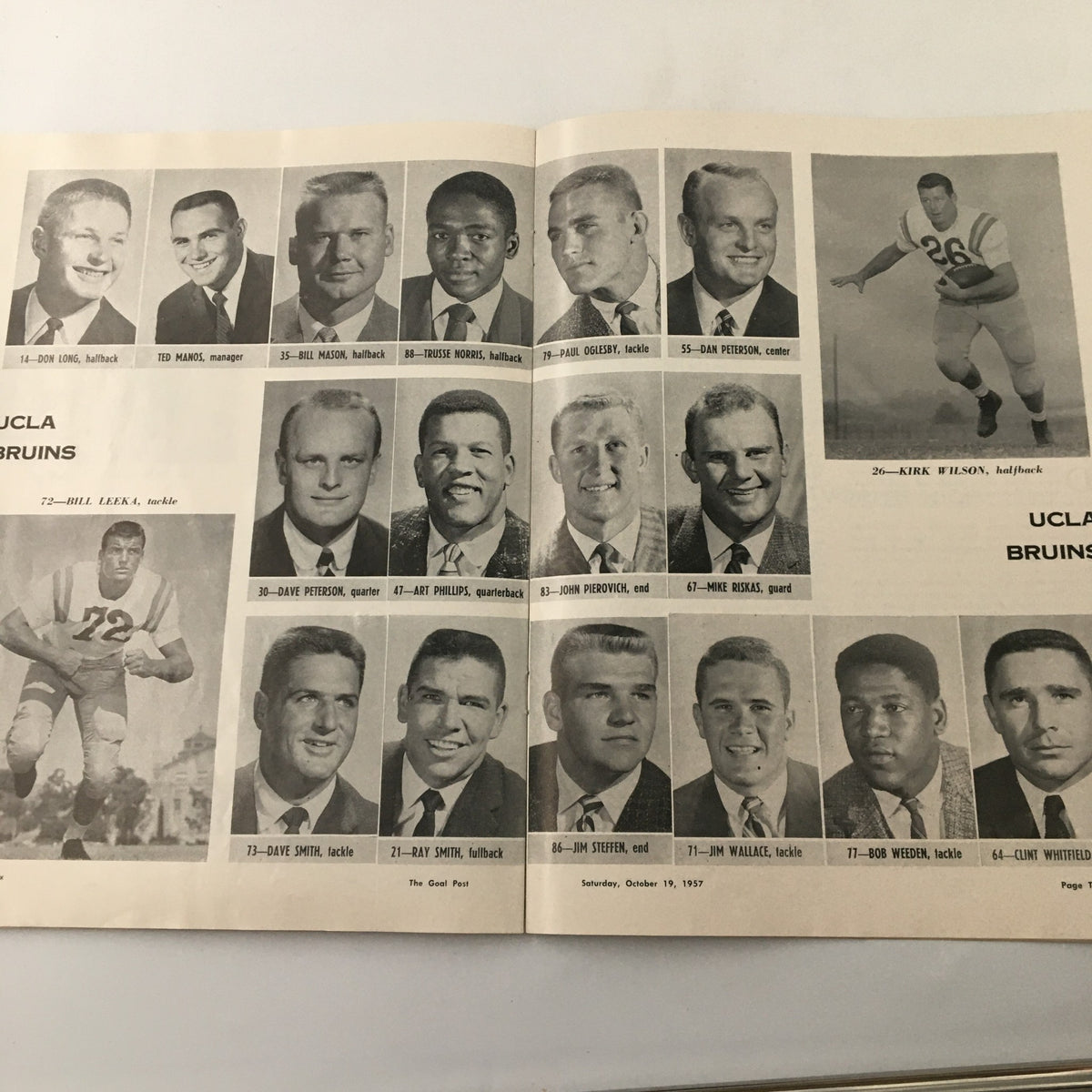 October 19 1957 NCAA Football Oregon State vs UCLA Bruins The Goal Post - Another segment of the UCLA Bruins lineup showcasing player photos and statistics from the 1957 season.