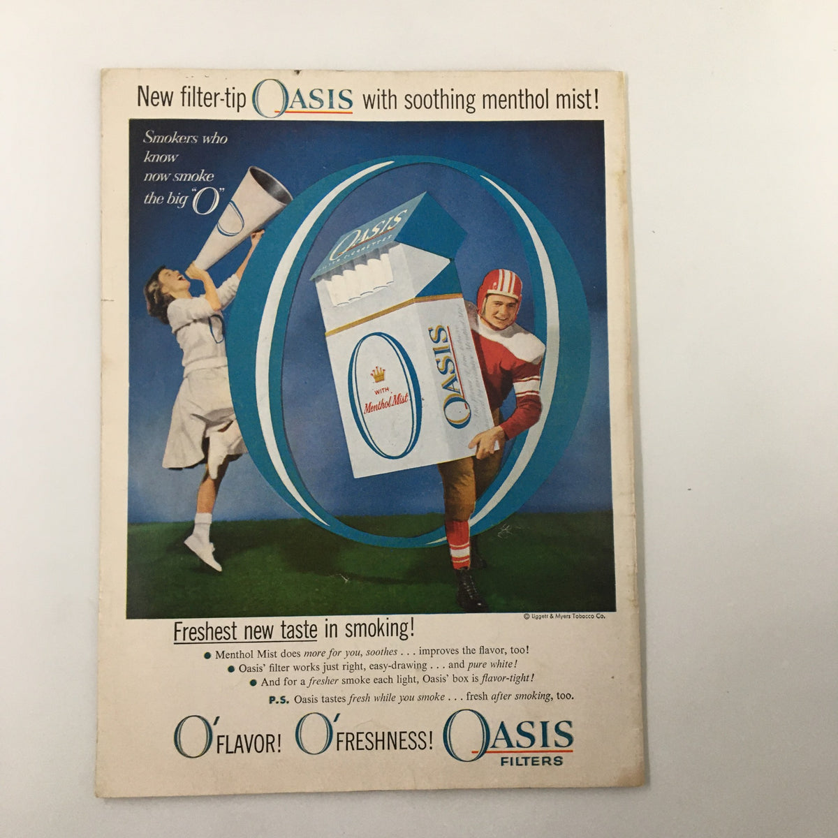 October 19 1957 NCAA Football Oregon State vs UCLA Bruins The Goal Post - Vintage advertisement for Oasis filters cigarettes, featuring a child in a football uniform, reflecting the pop culture of the time.