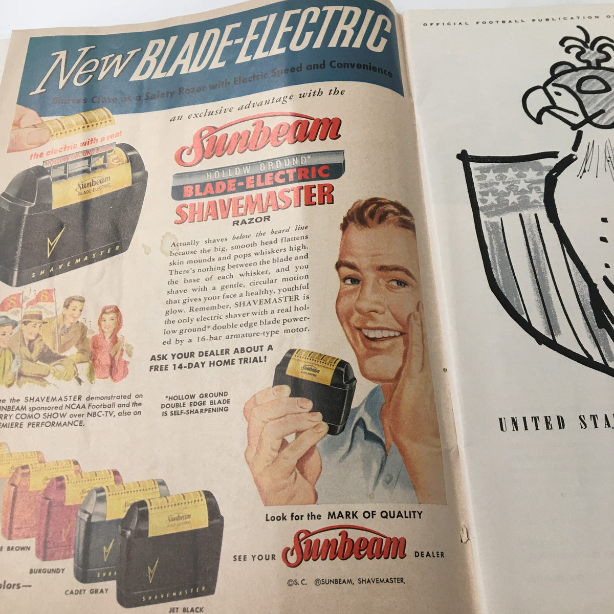 Vintage advertisement page from The Goal Post collectible, showcasing the Sunbeam Blade-Electric Shavemaster razor, alongside nostalgic imagery related to the October 19, 1957 NCAA Football Oregon State Beavers vs UCLA Bruins.