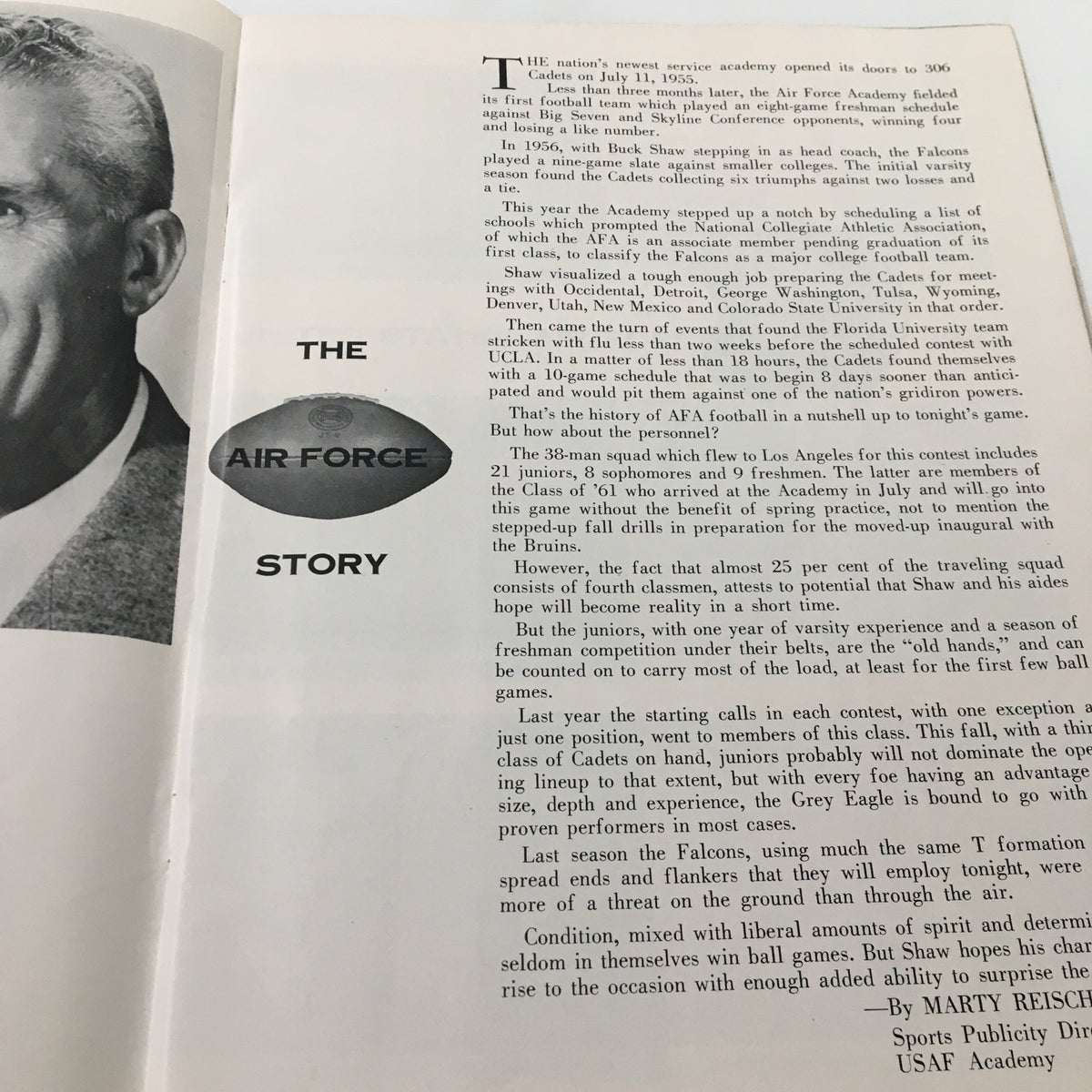 Page detailing the Air Force Academy story from the October 19 1957 NCAA Football program, highlighting its contributions and history.