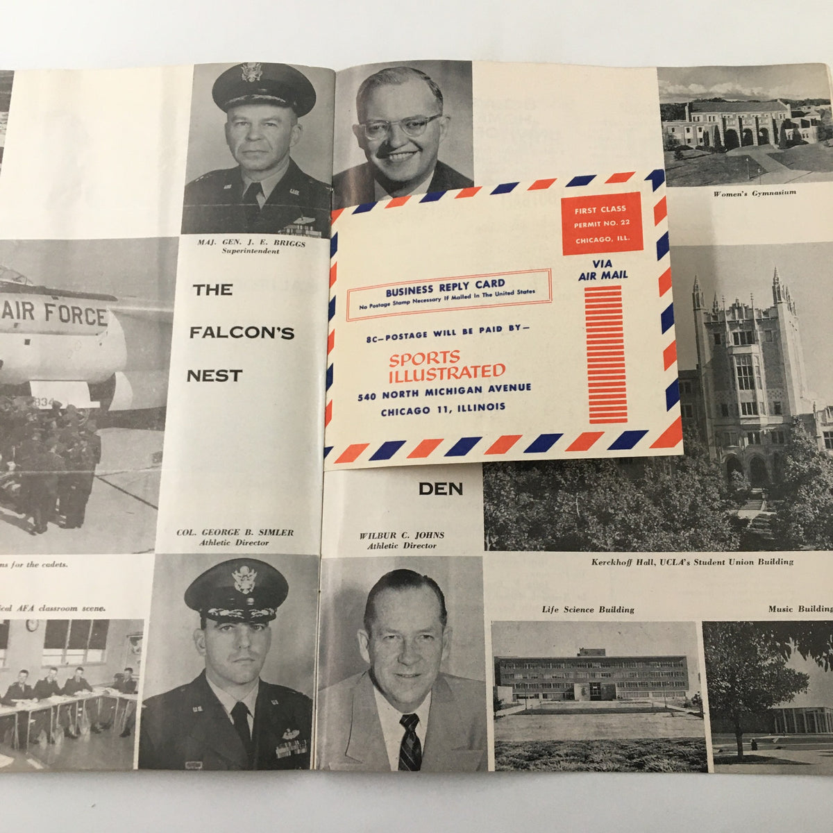 1957 Sports Illustrated publication page featuring military officials and a business reply card, capturing the era's sports commentary alongside the October 19 1957 NCAA Football Oregon State Beavers vs UCLA Bruins.