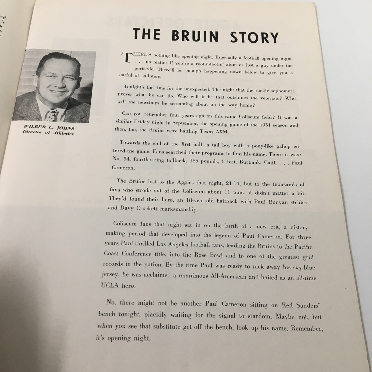 Page from September 16 1955 NCAA Football The Goal Post titled 'The Bruin Story' discussing the game history.