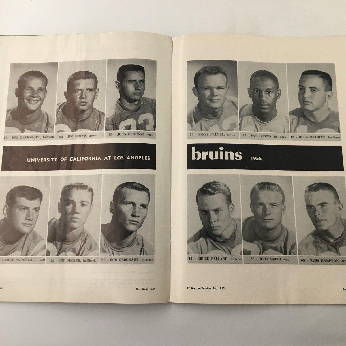 UCLA team photo page from the September 16, 1955 NCAA Football Texas A&M Aggies vs UCLA Bruins, displaying photos of key players for the Bruins.