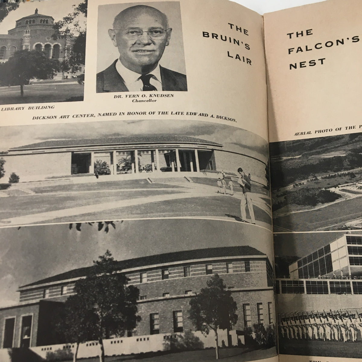 Interior page of the October 23 1959 NCAA Football UCLA Bruins vs Air Force Falcons booklet featuring a photo of Dr. Yvor O. Neilsen alongside images of the UCLA library building.