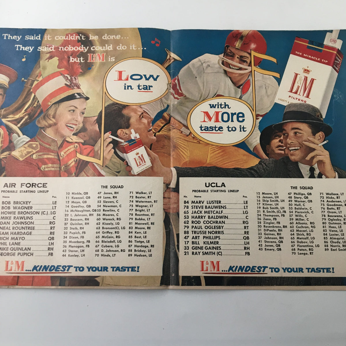 October 23 1959 NCAA Football UCLA Bruins vs Air Force Falcons booklet featuring the Air Force squad alongside the UCLA lineup, emphasizing the competition and camaraderie of college football.