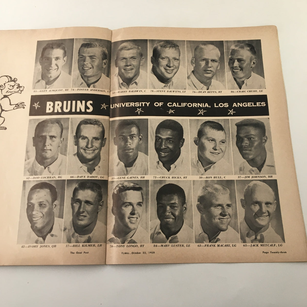 October 23 1959 NCAA Football UCLA Bruins vs Air Force Falcons booklet presenting the iconic athletes of the UCLA Bruins, along with their photographs from the historical game.