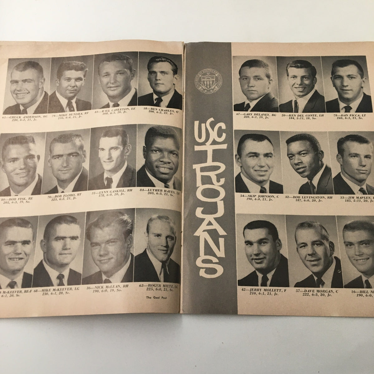 Page from 'The Goal Post' showcasing the USC Trojans team roster as of November 19, 1960, detailing players' portraits from the NCAA Football rivalry against UCLA Bruins.