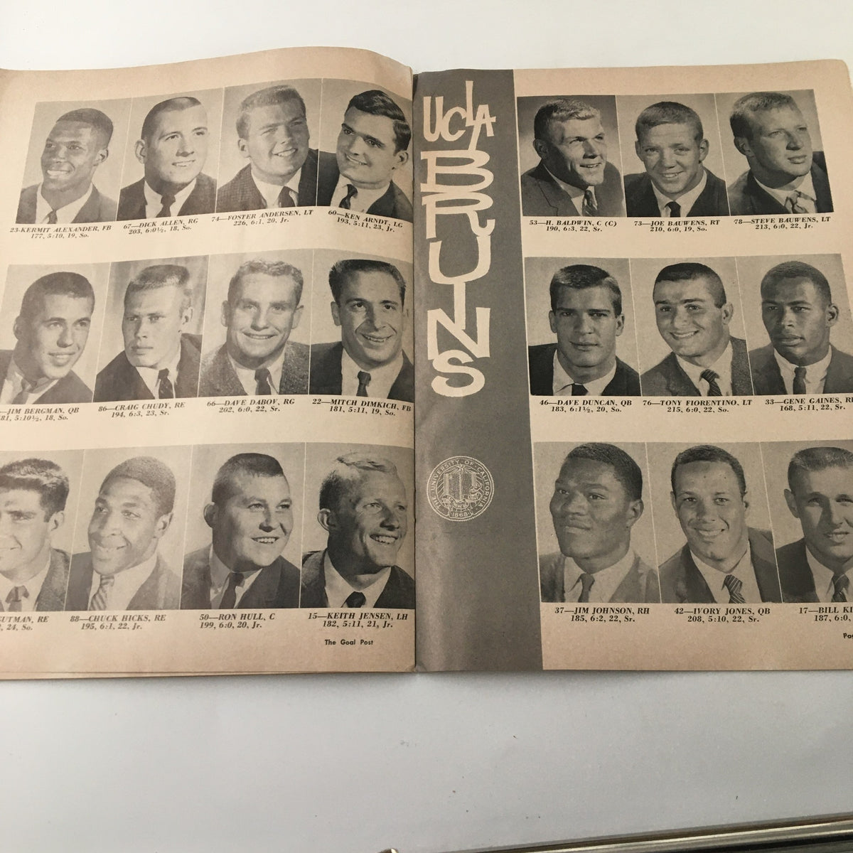 Page of 'The Goal Post' displaying portraits of UCLA Bruins players, part of the history capturing the November 19, 1960 NCAA Football game against USC Trojans.