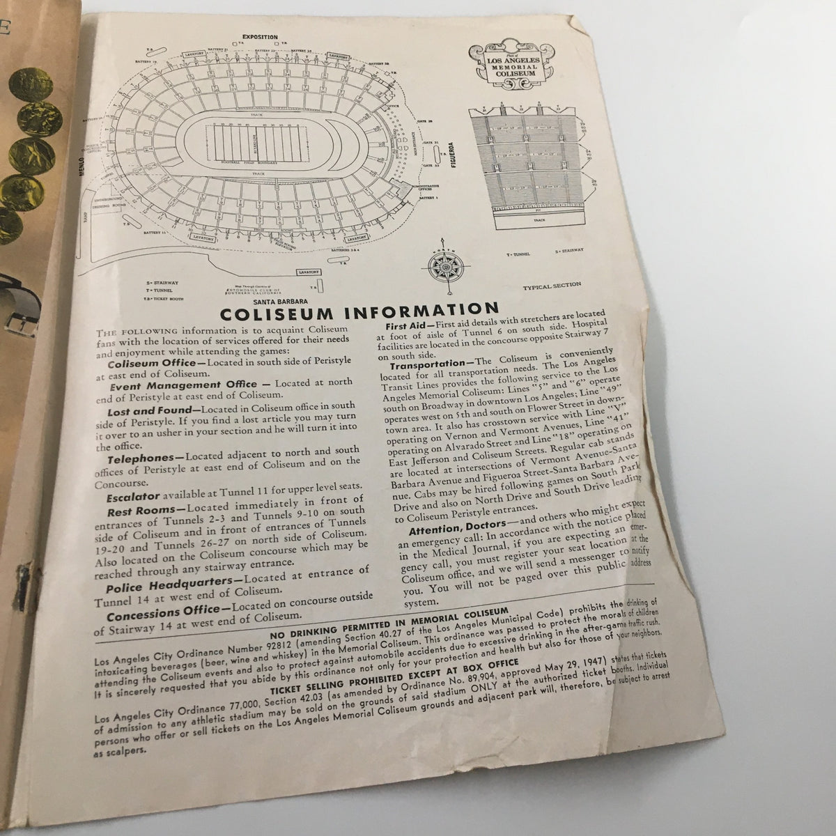 Coliseum information page from the official program for the November 2, 1957 NCAA Football game, providing details about venue policies and seating.