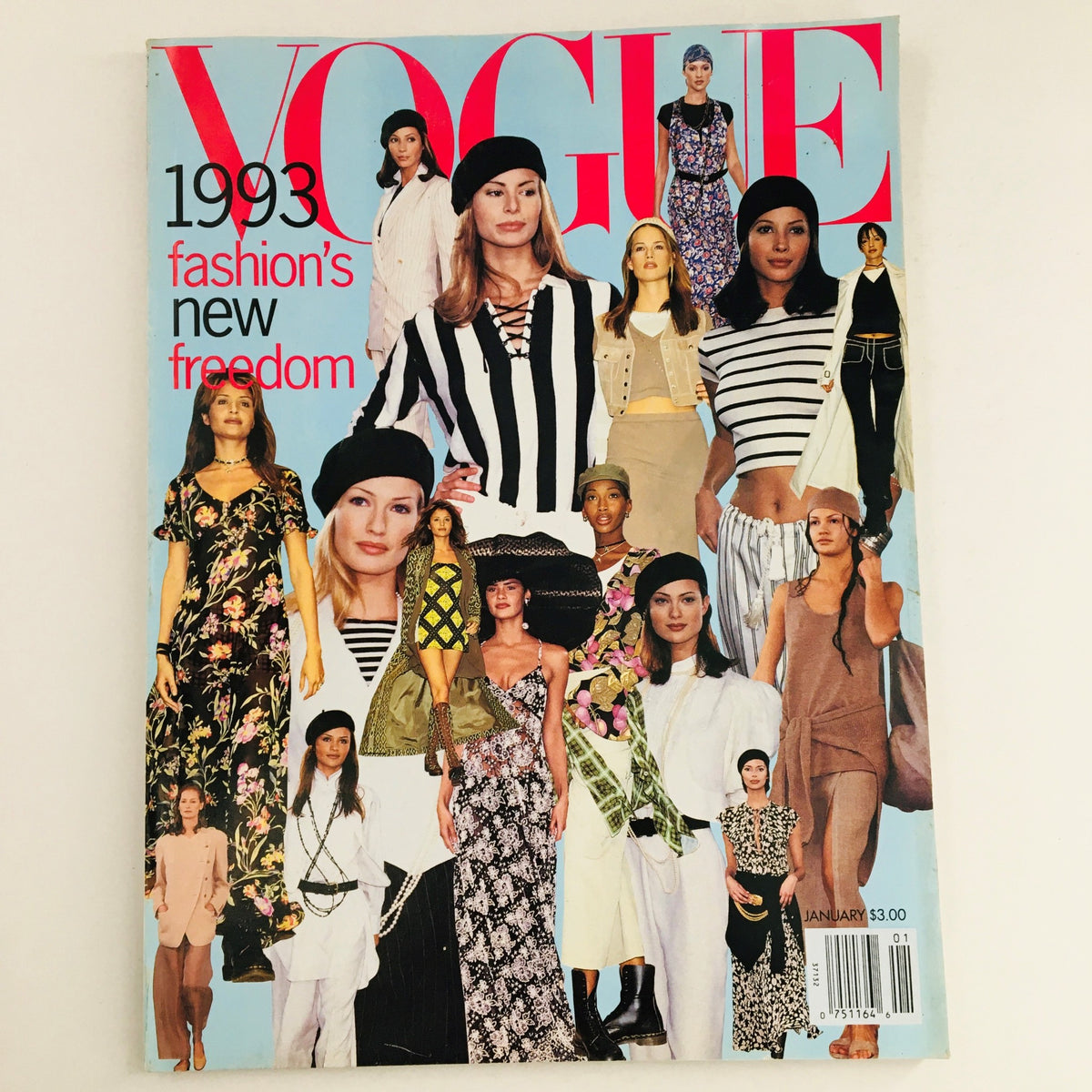 Vogue Magazine January 1993 featuring models on the cover showcasing bold fashion trends and styles from the 90s. This iconic issue includes supermodels Helena Christensen and Karen Mulder, highlighting the theme of '1993 fashion's new freedom'.