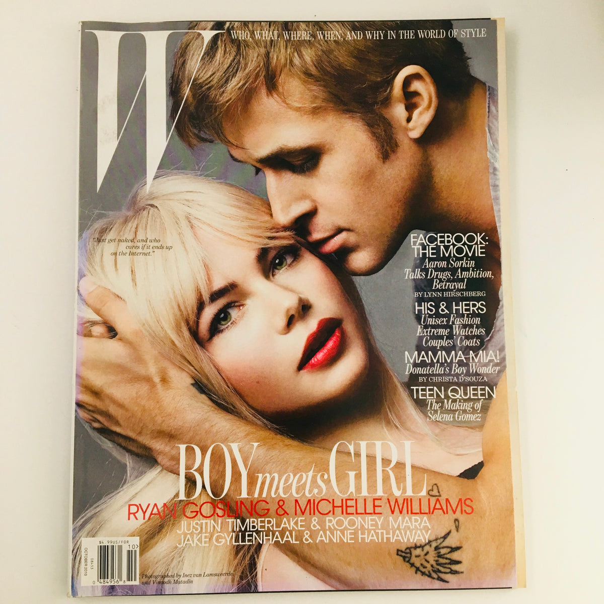 W Magazine October 2010 cover featuring Ryan Gosling and Michelle Williams for the editorial 'Boy Meets Girl'. Captivating portrait of the actors showcasing contemporary fashion and celebrity culture.