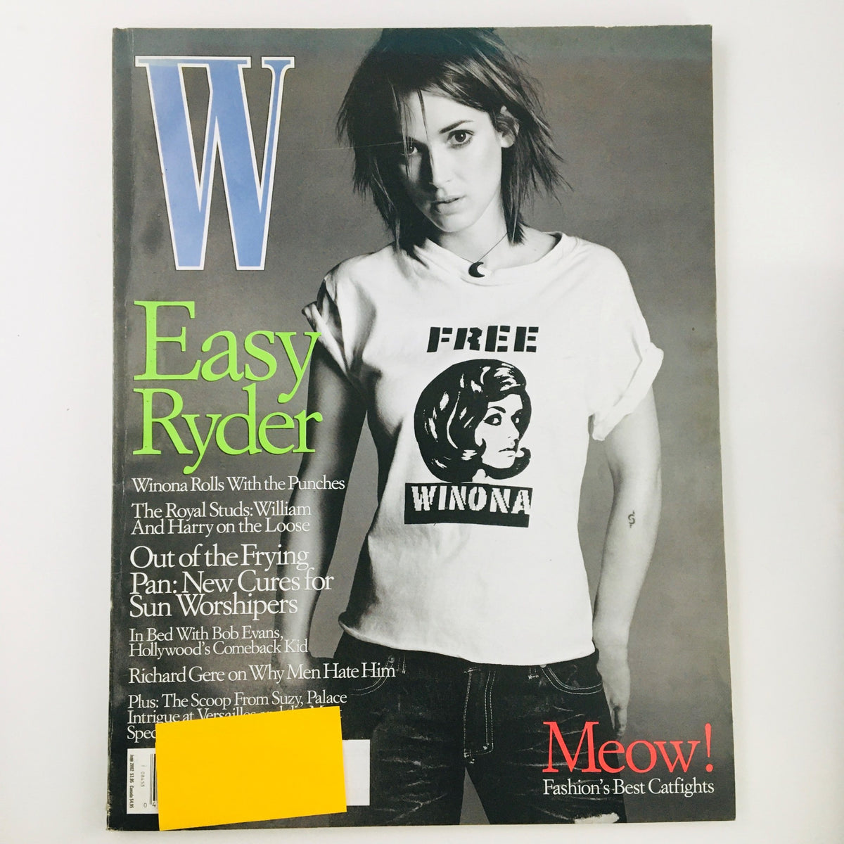 W Magazine June 2002 cover featuring American actress Winona Ryder wearing a t-shirt with a graphic design, highlighting the 'Free Winona' campaign, in the Hot Stuff Issue.