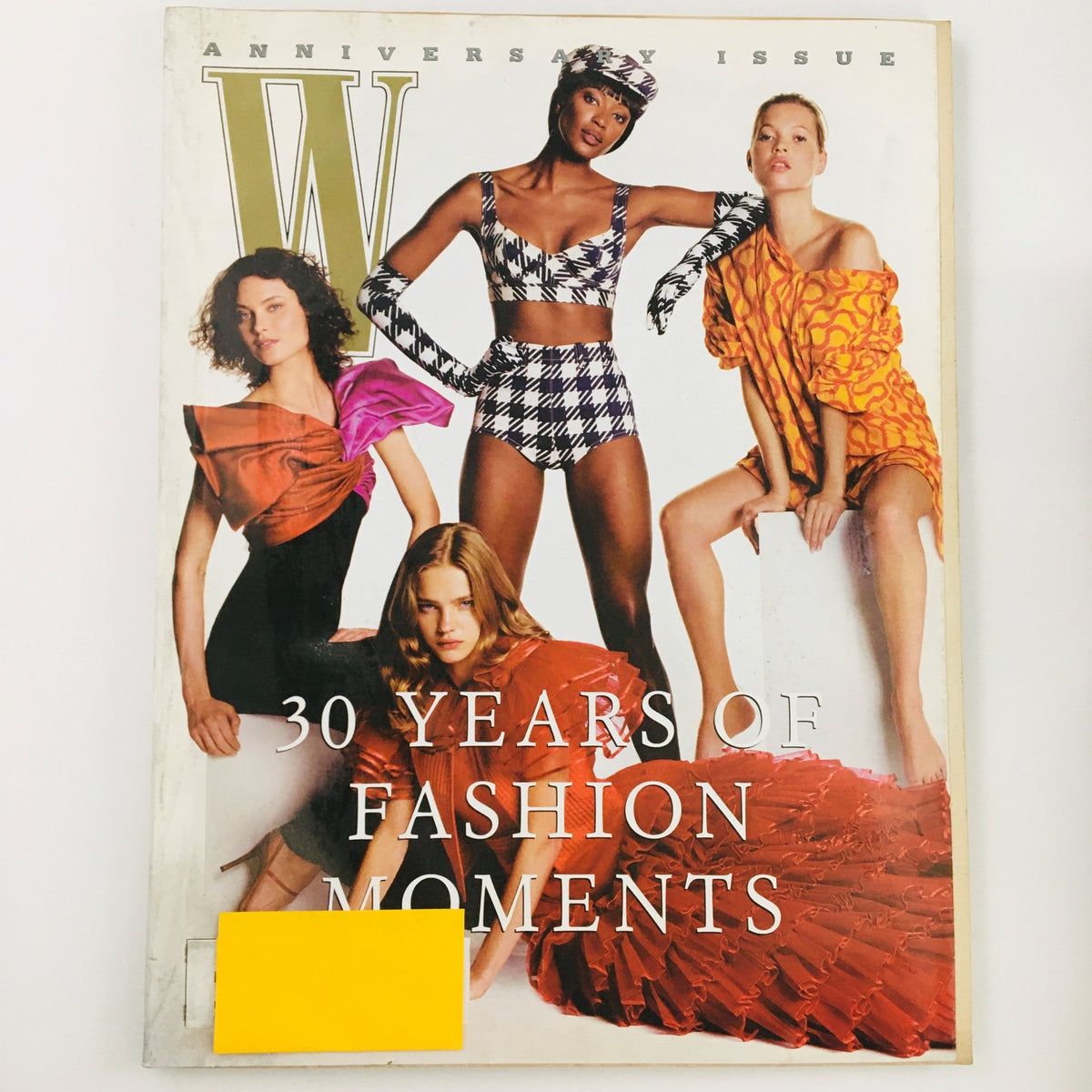 W Magazine August 2002 cover featuring supermodels Naomi Campbell, Kate Moss, and Patti Hansen in an editorial for '30 Something,' celebrating 30 years of fashion moments.