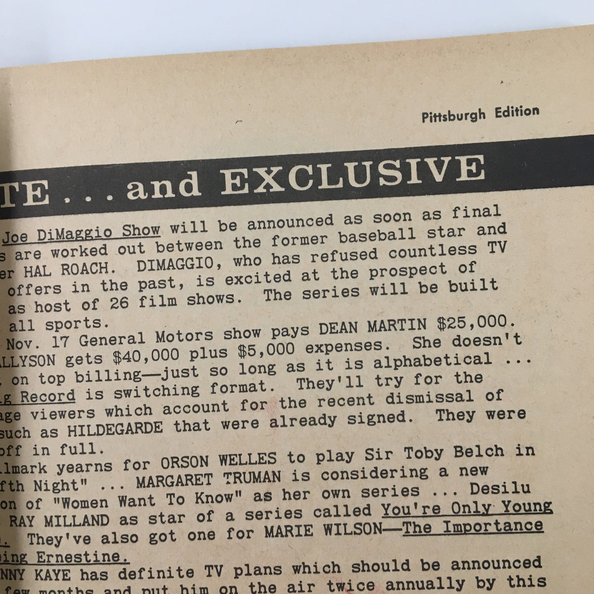 Pittsburgh Edition excerpt from the TV Guide Magazine November 16, 1957, discussing exclusive television programming news and details about stars like Dean Martin and Orson Welles.