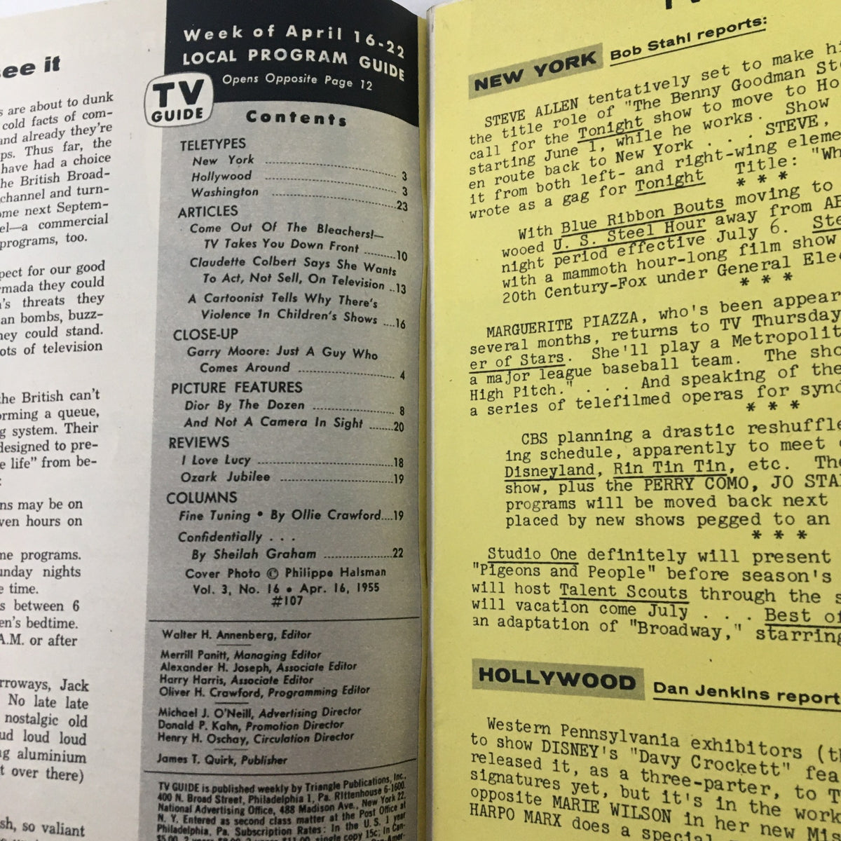 Interior page of the TV Guide Magazine April 16, 1955 displaying local program listings and features, capturing the essence of television history.