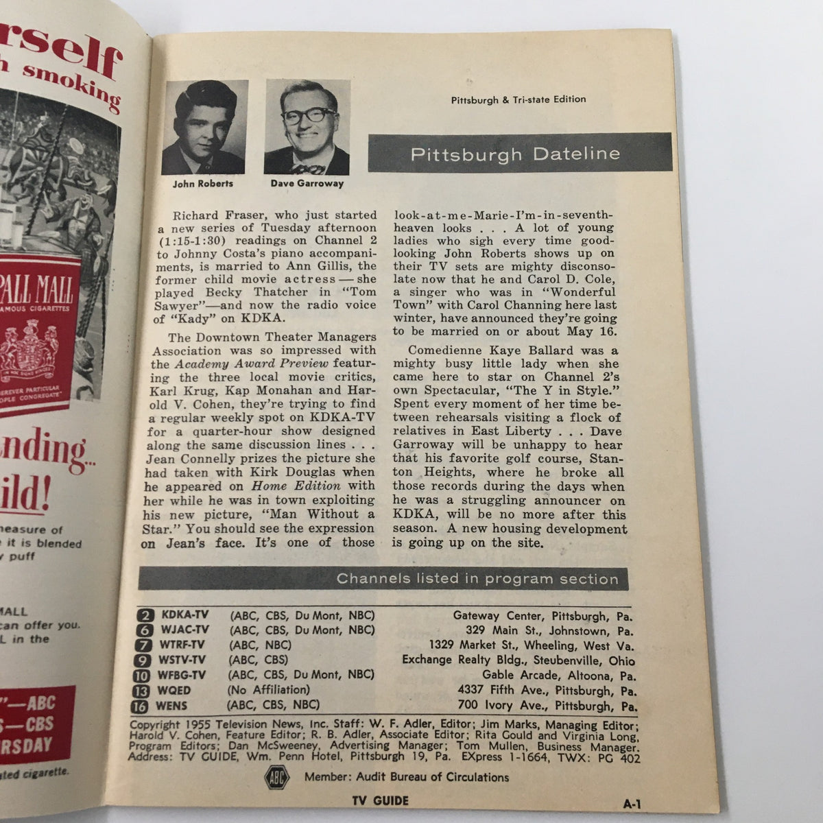 Interior page of TV Guide Magazine April 16 1955 featuring Pittsburgh Dateline, photos of John Roberts and Dave Garroway with details about local television shows.