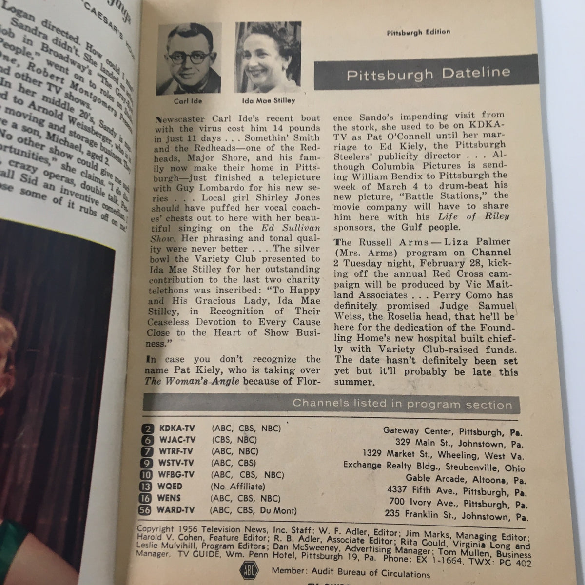 Pittsburgh Dateline section from TV Guide Magazine February 25 1956, highlighting local television personalities and programming.