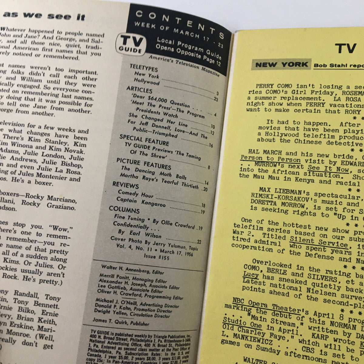 Table of contents from TV Guide Magazine March 17 1956, featuring articles, reviews, and program highlights.
