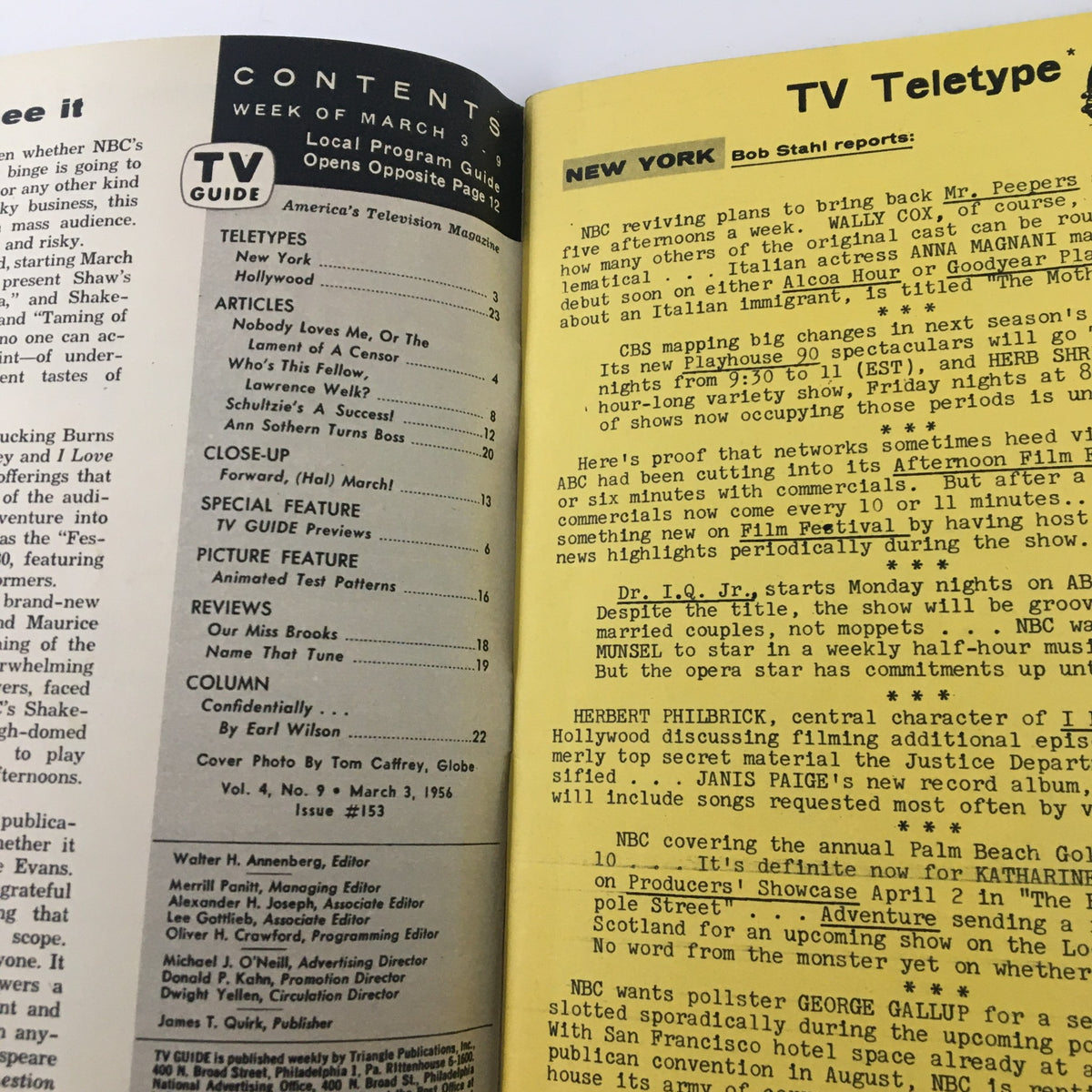 TV Guide Magazine March 3 1956 featuring contents page with articles on television programming, including a section titled 'TV Teletype'. This Pittsburgh edition provides a historical glimpse into mid-century television.