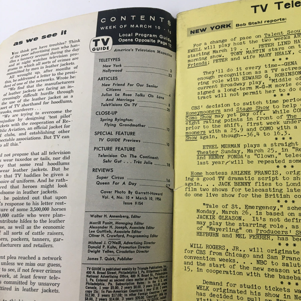 Interior page of TV Guide Magazine March 10 1956 displaying the contents and articles, including features on television programming.