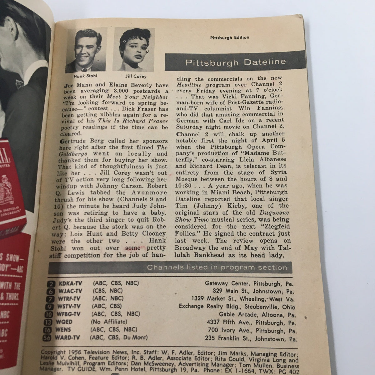Pittsburgh Dateline page from TV Guide Magazine March 10 1956, showcasing local television channel listings and notable Pittsburgh personalities.