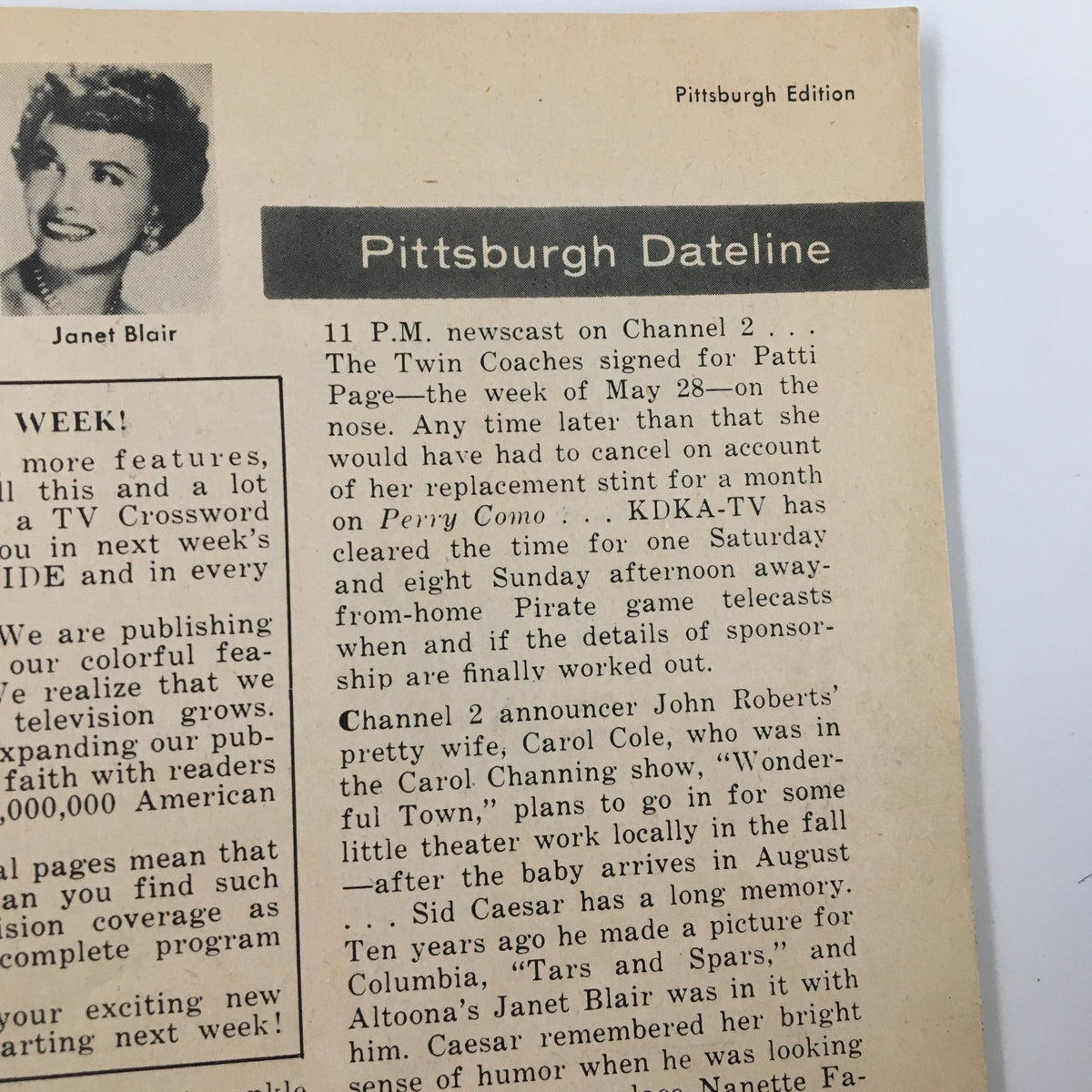 Pittsburgh Dateline section from TV Guide Magazine May 26 1956, featuring local entertainment news and updates from Channel 2. This edition highlights the characteristics of vintage television broadcasting.