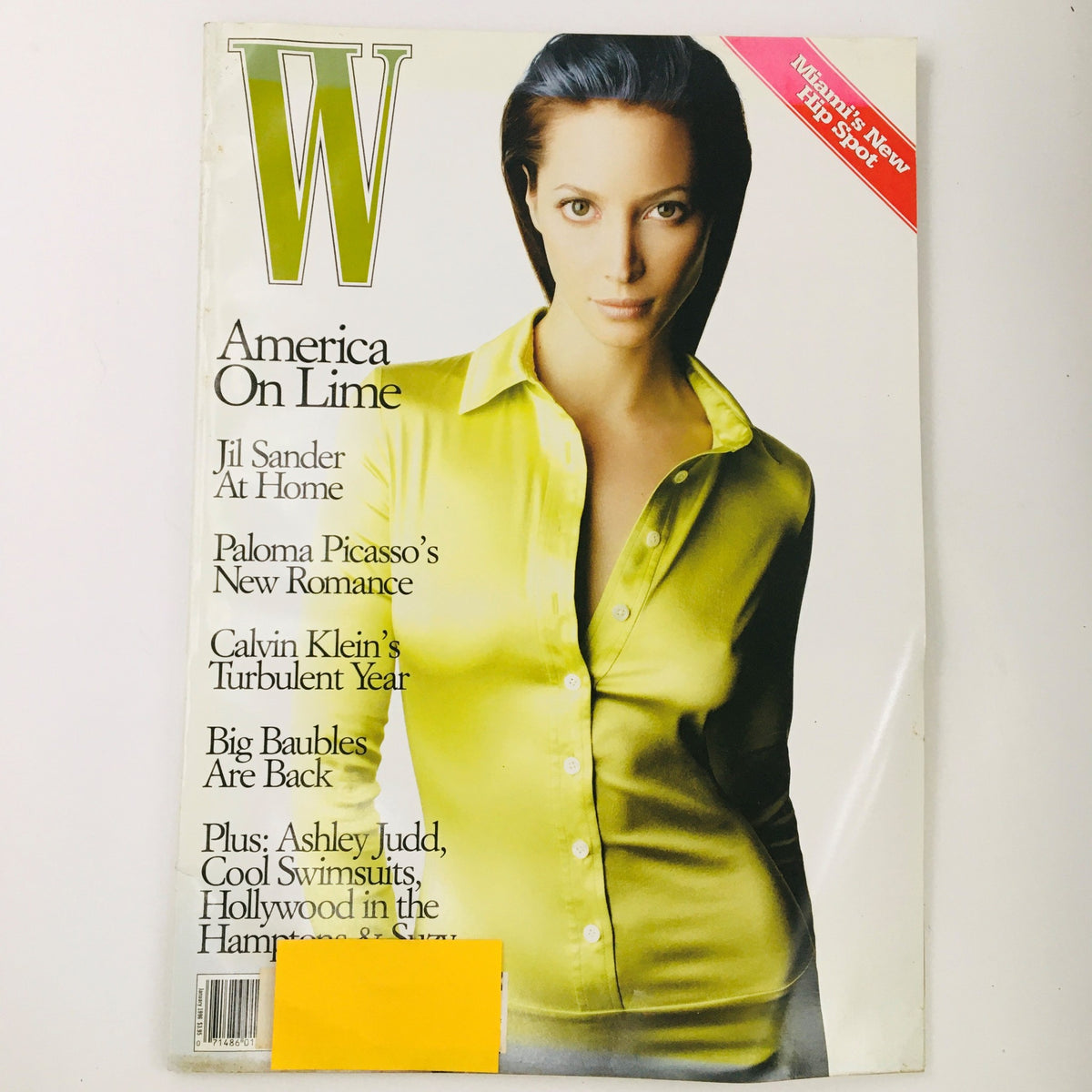 W Magazine January 1996 cover featuring supermodel Christy Turlington, highlighting articles on Jil Sander, Paloma Picasso, Calvin Klein, and Ashley Judd.
