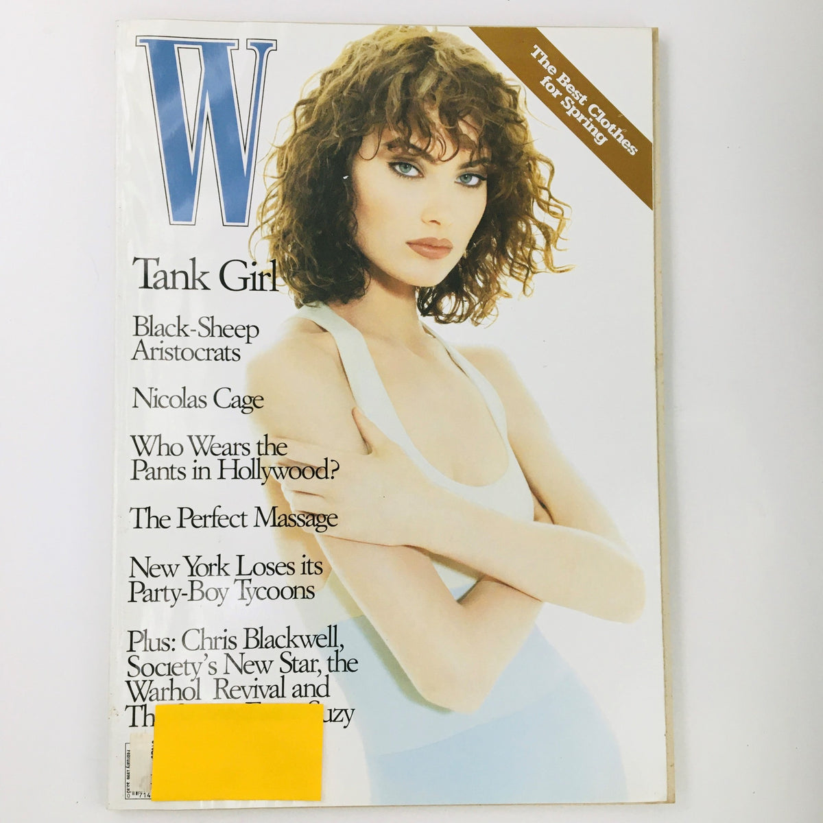 Cover of W Magazine February 1996 featuring Canadian supermodel Shalom Harlow along with the headline 'Tank Girl' and contributions from Chris Blackwell, showcasing vintage fashion and culture.