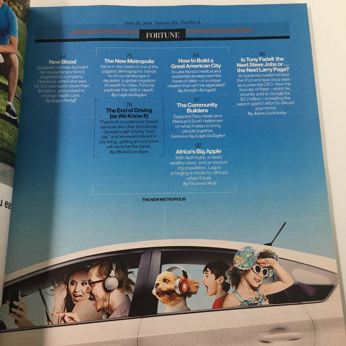 Table of contents from Fortune Magazine June 30 2014, detailing articles including 'New Blood' and 'The End of Driving', related to Elizabeth Holmes and Theranos.
