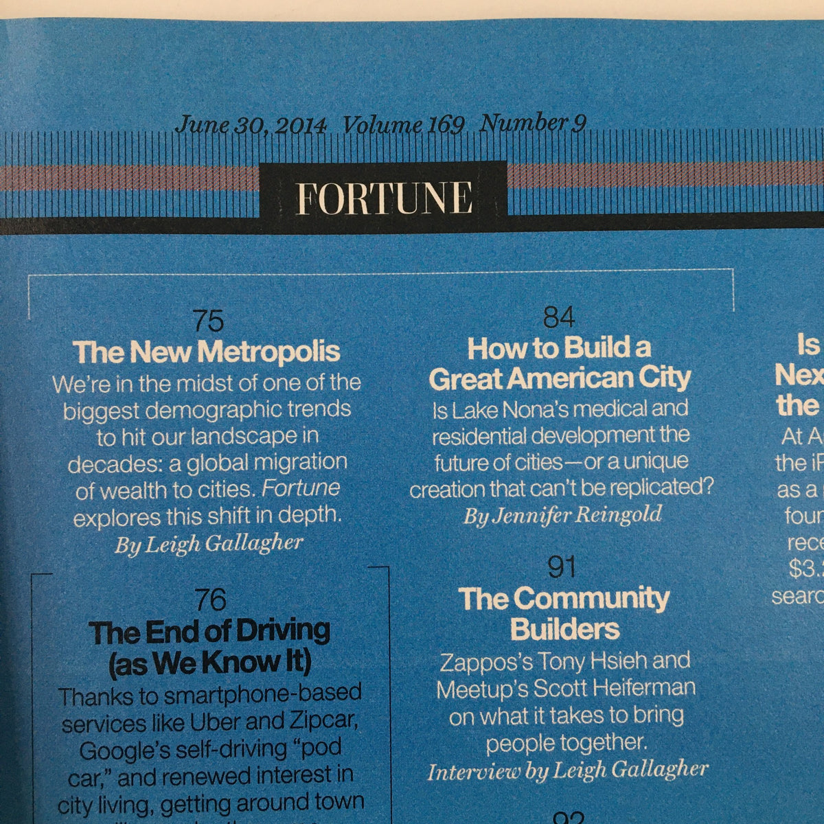 Inside page of Fortune Magazine June 30 2014 highlighting the article 'How to Build a Great American City' along with other features relating to technological innovations.