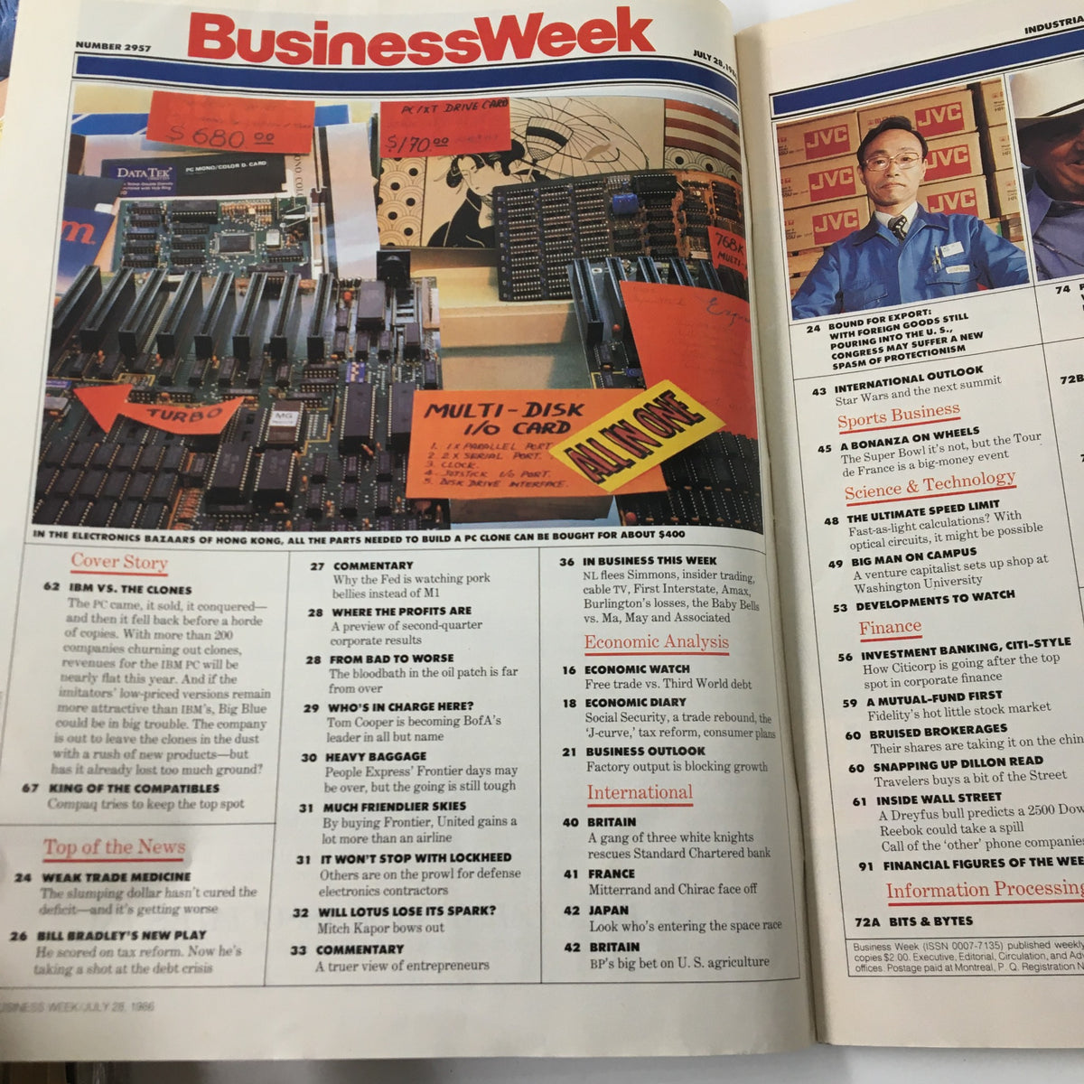 Inside page of Business Week Magazine from July 28, 1986 showcasing a spread about 'IBM vs The Clones', with images of computer components and advertisements related to technology.