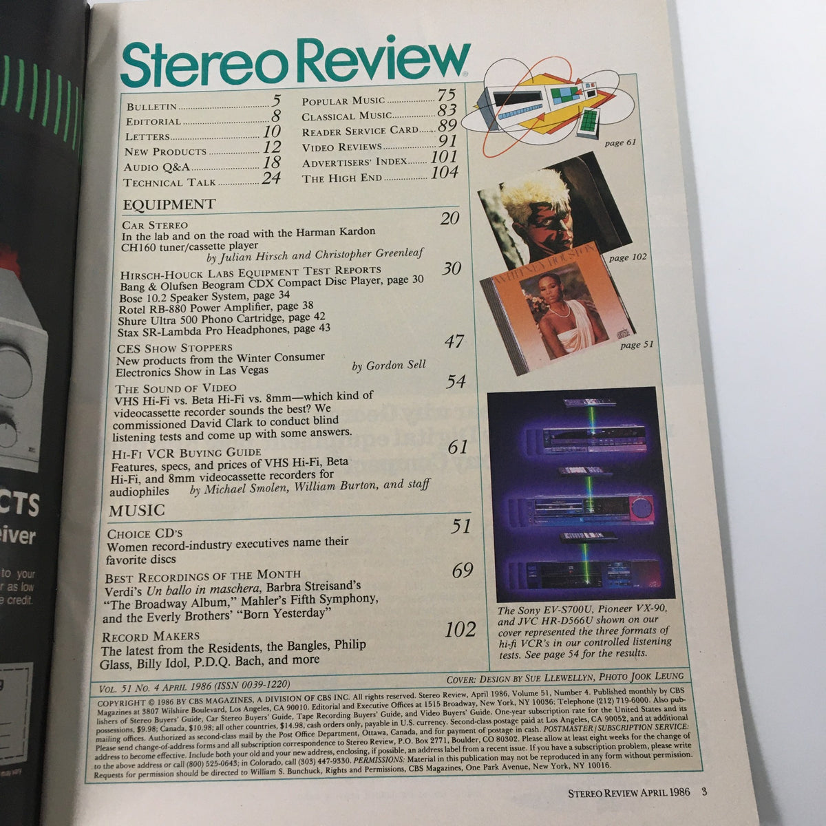 Table of contents page from Stereo Review Magazine April 1986, detailing articles including the Hi-Fi Videocassette Recorder's Buying Guide, highlighting equipment evaluations and media reviews.